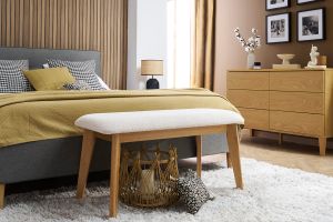 Banc scandinave en tissu effet laine bouclée blanc et bois clair L92 cm ELION