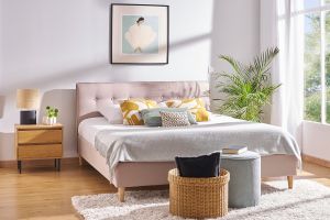 Lit 2 places 160x200 cm avec tête de lit en tissu beige LEONCE
