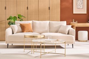 Pouf rond en tissu effet laine bouclée blanc cassé et métal doré D40 cm AMAYA