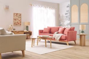 Canapé scandinave déhoussable 3 places en tissu effet velours texturé terracotta et bois clair OSLO