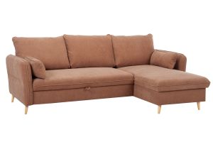 Canapé d'angle convertible réversible avec coffre 3-4 places en tissu effet velours terre brûlée et bois clair DRISS