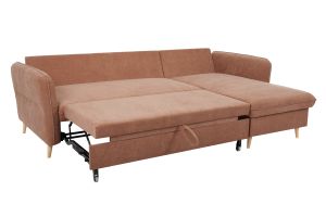 Canapé d'angle convertible réversible avec coffre 3-4 places en tissu effet velours terre brûlée et bois clair DRISS