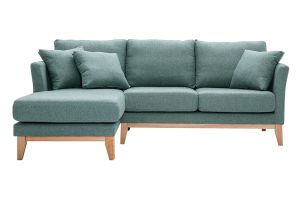 Canapé d'angle gauche déhoussable scandinave en tissu vert de gris et bois clair 3-4 places OSLO
