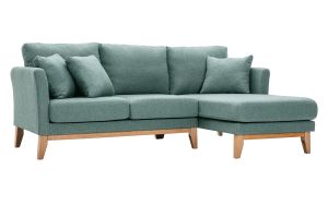 Canapé d'angle droit déhoussable scandinave 4 places en tissu vert de gris et bois clair OSLO