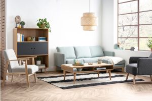 Canapé d'angle droit déhoussable 4 places en tissu beige et bois clair OSLO