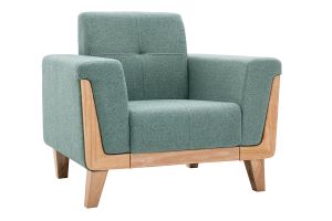 Fauteuil scandinave en tissu vert de gris et bois clair FJORD