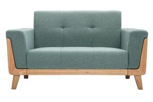 Canapé scandinave 2 places en tissu vert de gris et bois clair FJORD
