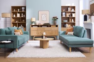 Méridienne scandinave en tissu vert de gris et bois clair massif L190 cm BERTILLE