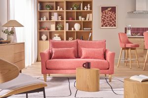 Canapé scandinave 2 places en tissu effet velours texturé terracotta et bois clair KATE