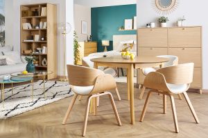 Chaise design en tissu effet laine bouclée blanc et bois clair BENT