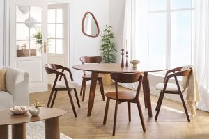 Chaises vintage empilables en bois teinté noyer et tissu effet laine bouclée blanc (lot de 2) LOVA