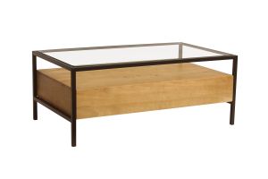 Table basse rectangulaire avec rangements en bois manguier massif, verre et métal noir L100 cm SITA