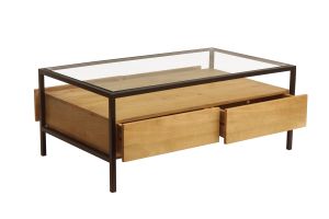 Table basse rectangulaire avec rangements en bois manguier massif, verre et métal noir L100 cm SITA
