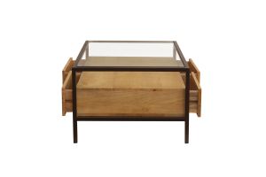 Table basse rectangulaire avec rangements en bois manguier massif, verre et métal noir L100 cm SITA