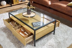 Table basse rectangulaire avec rangements en bois manguier massif, verre et métal noir L100 cm SITA