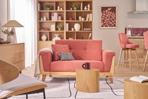 Divano scandinavo 2 posti in tessuto color terracotta e legno chiaro FJORD