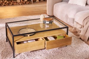 Table basse rectangulaire avec rangements en bois manguier massif, verre et métal noir L100 cm SITA