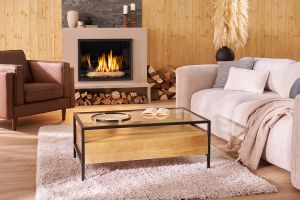Table basse rectangulaire avec rangements en bois manguier massif, verre et métal noir L100 cm SITA