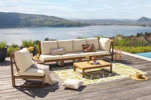 Salon de jardin d'angle 6-8 places en bois massif avec coussins déhoussables beige naturel SALSA