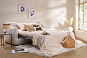 Canapé convertible déhoussable 3-4 places design haricot en tissu effet velours beige clair SACHA
