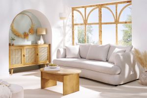 Canapé convertible déhoussable 3-4 places design haricot en tissu effet velours beige clair SACHA