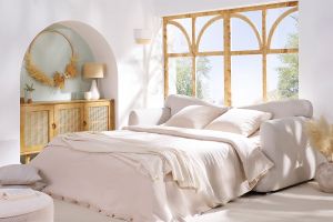 Canapé convertible déhoussable 3-4 places design haricot en tissu effet velours beige clair SACHA