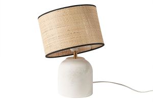 Lampe à poser blanche en céramique effet pierre et abat-jour en raphia H35 cm ROCHA