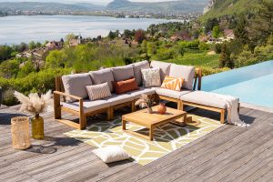 Salon de jardin d'angle 6-8 places en bois massif avec coussins déhoussables taupe SALSA