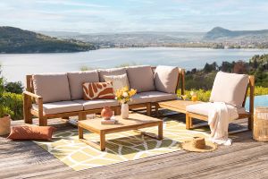 Salon de jardin d'angle 6-8 places en bois massif avec coussins déhoussables taupe SALSA
