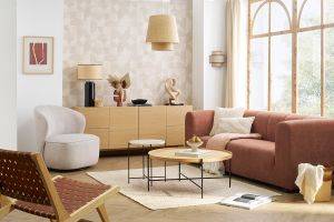 Fauteuil design pivotant en tissu effet velours texturé beige AMBER