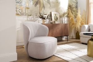 Fauteuil design pivotant en tissu effet velours texturé beige AMBER