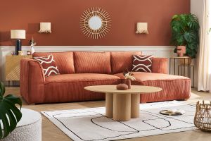 Divano angolare destro design in tessuto velluto a coste color terracotta 3-4 posti PANAM