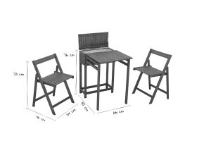 Set de 2 chaises pliantes et 1 table de balcon rabattable avec rangement en bois massif PRADO