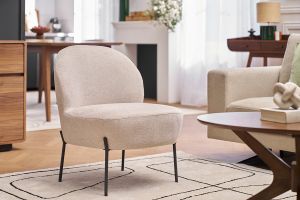 Fauteuil en tissu effet velours texturé beige et métal noir BELEY