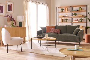 Fauteuil en tissu effet velours texturé beige et métal noir BELEY