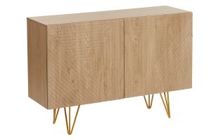 Buffet design gravé finition bois clair chêne et métal doré 2 portes L107 cm OZEN