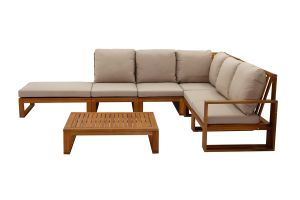 Salon de jardin d'angle 6-8 places en bois massif avec coussins déhoussables taupe SALSA