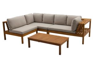 Salon de jardin d'angle 6 places en bois massif avec coussins déhoussables taupe BELIZE