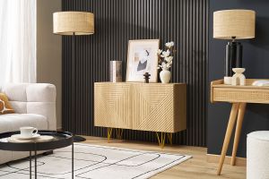 Buffet design gravé finition bois clair chêne et métal doré 2 portes L107 cm OZEN