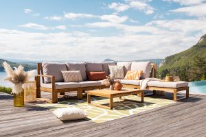Salon de jardin d'angle 6-8 places en bois massif avec coussins déhoussables taupe SALSA