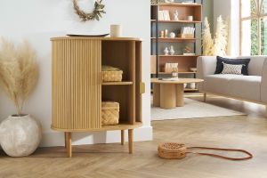 Buffet haut vintage avec portes coulissantes bois clair chêne L70 cm EPIC