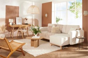 Canapé d'angle convertible et réversible 3-4 places en tissu effet velours beige et bois clair ROMANE