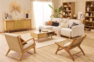 Canapé d'angle convertible et réversible 3-4 places en tissu effet velours beige et bois clair ROMANE