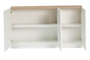 Aparador 3 puertas lacado blanco brillo y diseño madera clara 155 cm NELIO