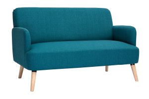 Canapé scandinave 2 places en tissu bleu canard et bois clair ISKO