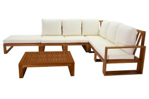 Salon de jardin d'angle 6-8 places en bois massif avec coussins déhoussables beige naturel SALSA