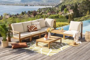 Salon de jardin d'angle 6-8 places en bois massif avec coussins déhoussables beige naturel SALSA