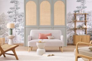 Canapé scandinave 2 places en tissu effet velours texturé beige et bois clair ISKO