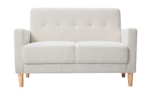 Canapé scandinave 2 places en tissu effet laine bouclée blanc et bois clair MOON
