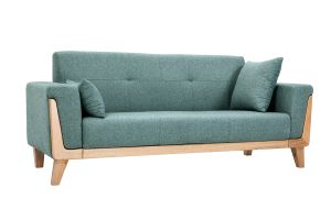 Canapé scandinave 3 places en tissu vert de gris et bois clair FJORD